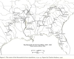 Map of Hernando de Soto's journey through La Florida according to historian Charles Hudson. Image: From Galloway, Patricia, ed. The Hernando de Soto Expedition: History, Historiography, and "Discovery" in the Southeast. Lincoln, NE: University of Nebraska Press, 1997.