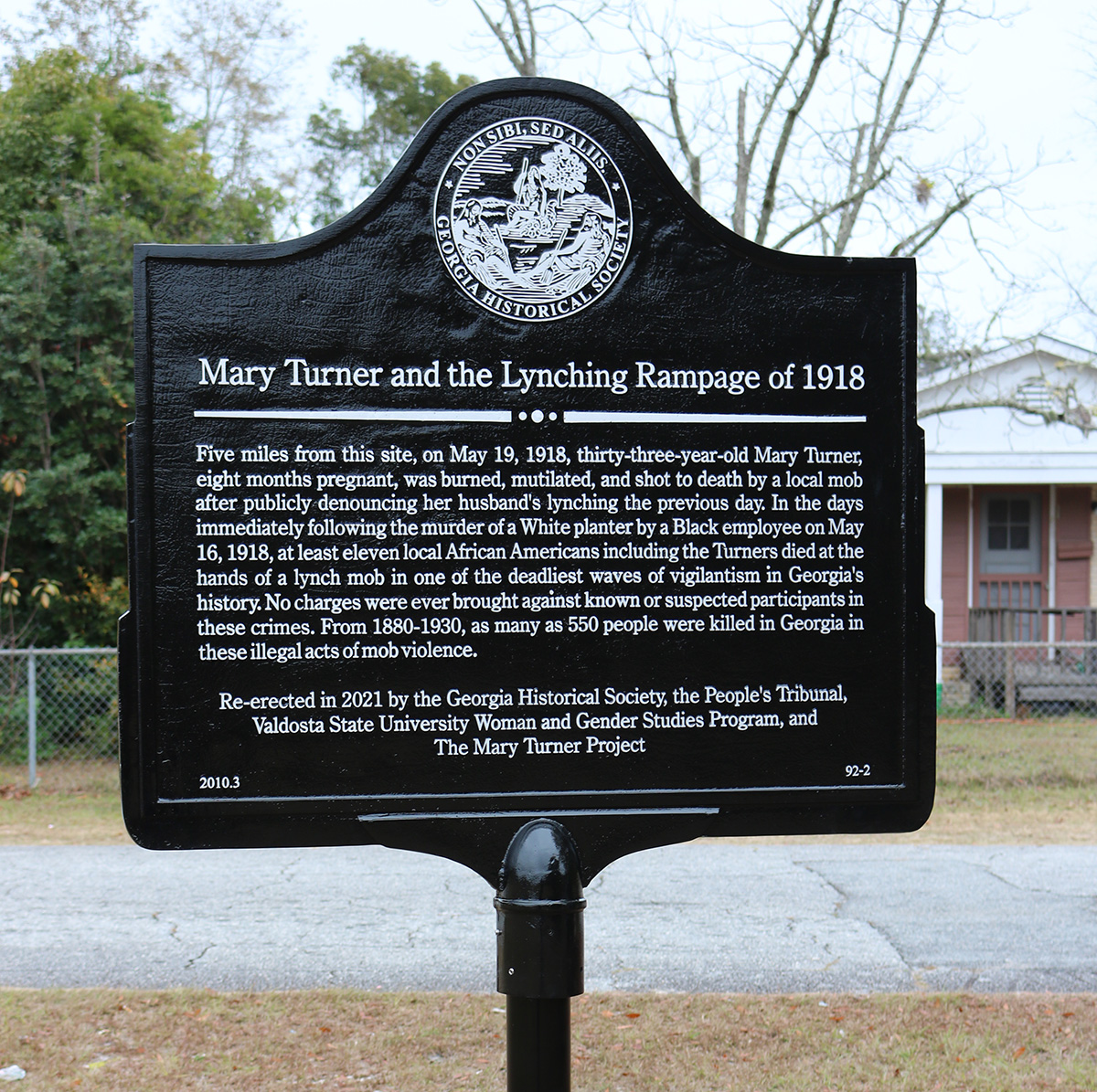 Mary Turner and the Lynching Rampage of 1918 historical marker reerected in Hahira, Georgia.