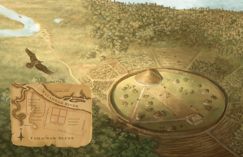 Reconstruction of Yamacraw Village Reconstruction of the Yamacraw’s Village, illustrated by Charlie Swerdlow, © 2014 Charlie Swerdlow, historydepicted.com