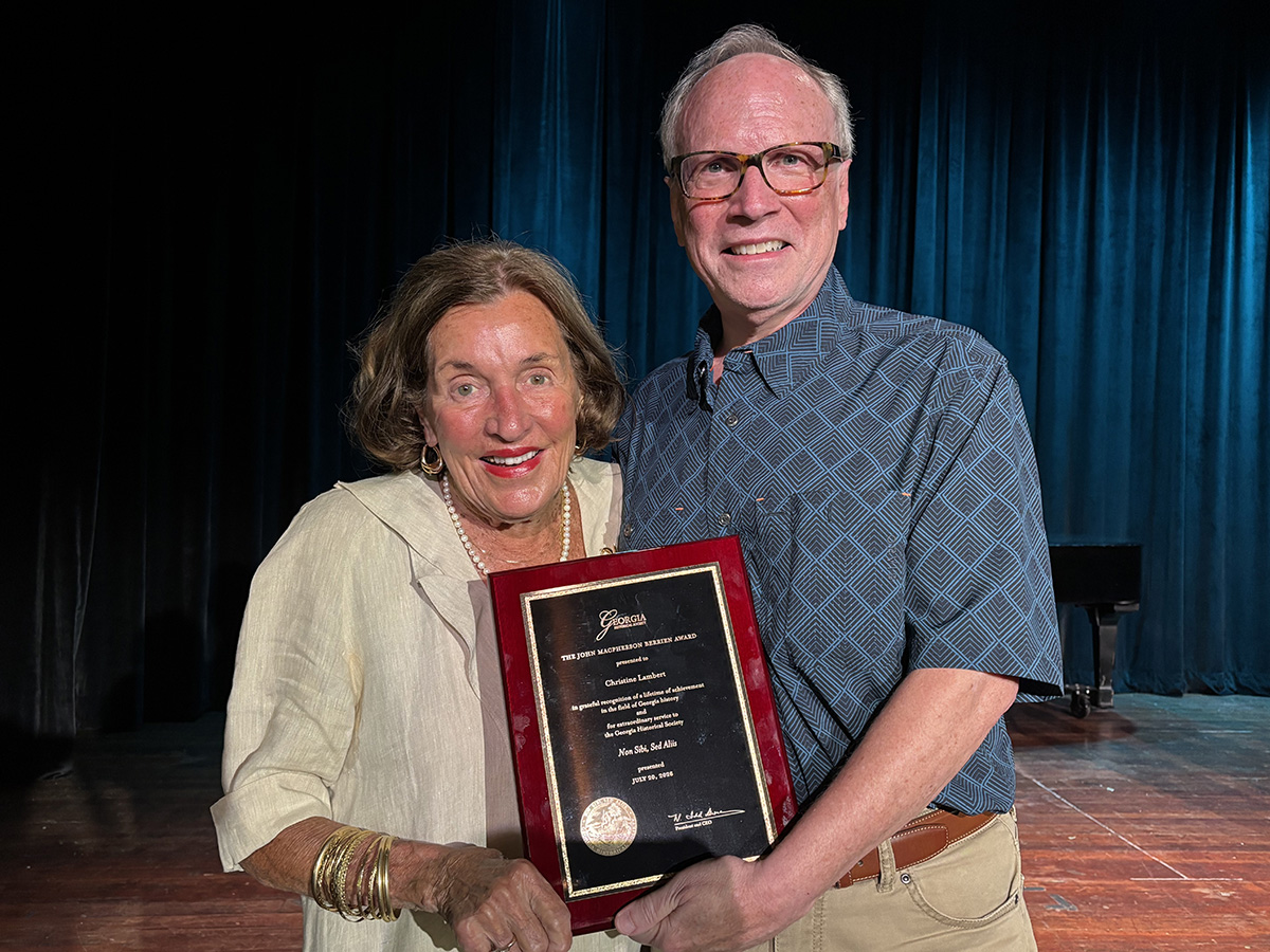 W. Todd Groce, PhD, presents Christine Davis Lambert with the 2026 John Macpherson Berrien Award on July 20, 2026, in Madison, Georgia.