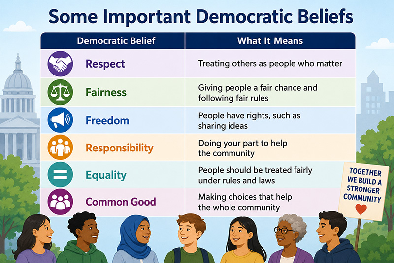 Graphic that lists important democratic beliefs