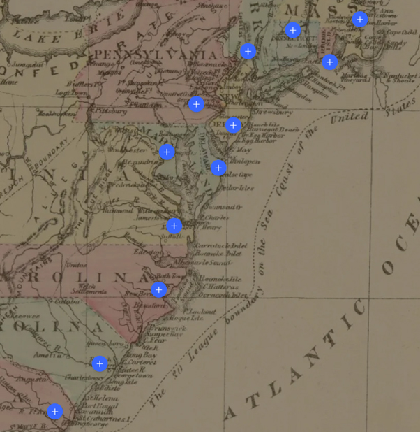 Map showing the thirteen colonies